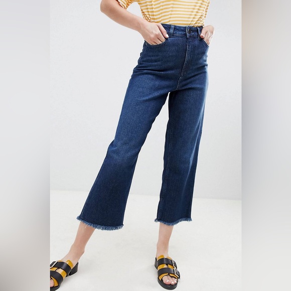 ASOS Design high waist raw hem cropped wide leg stretch jeans 🦋 blue striped - Picture 2 of 16